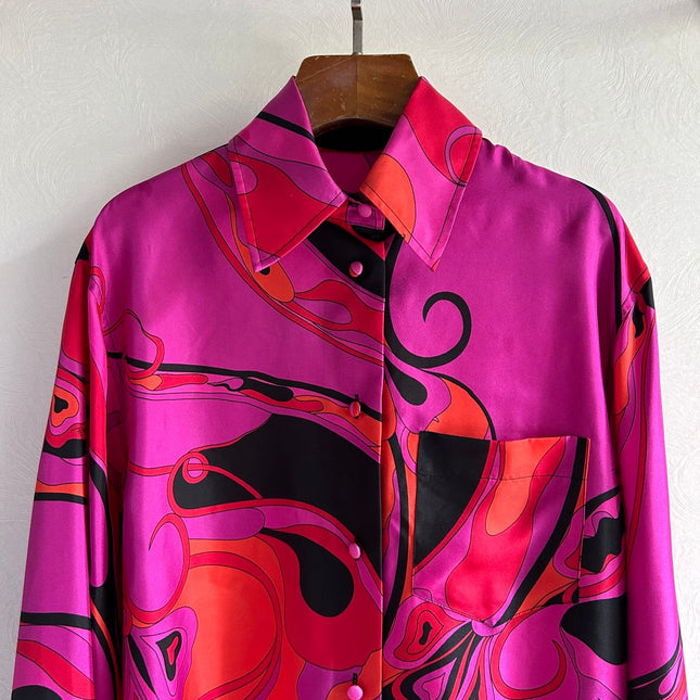 PUCCI 26S LONG SLEEVE SHIRT ABSTRACT PRINT PINK BLACK SILK