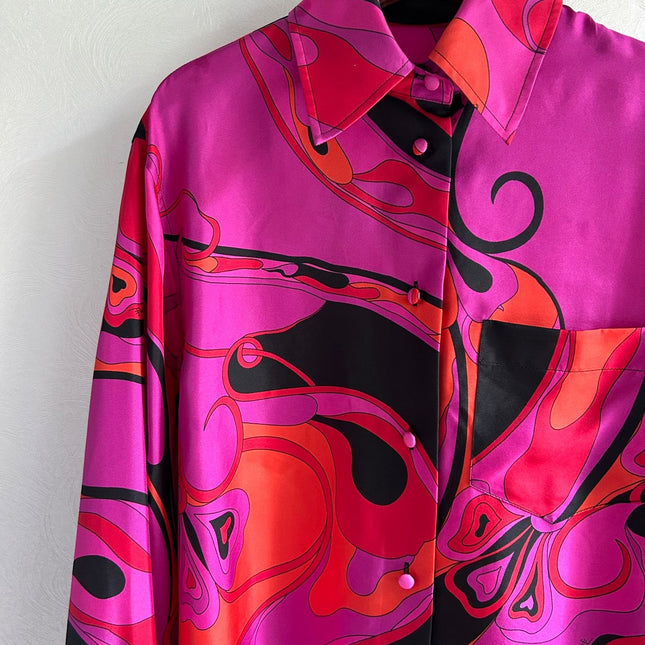 PUCCI 26S LONG SLEEVE SHIRT ABSTRACT PRINT PINK BLACK SILK