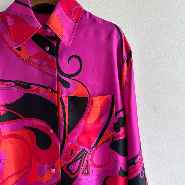 PUCCI 26S LONG SLEEVE SHIRT ABSTRACT PRINT PINK BLACK SILK