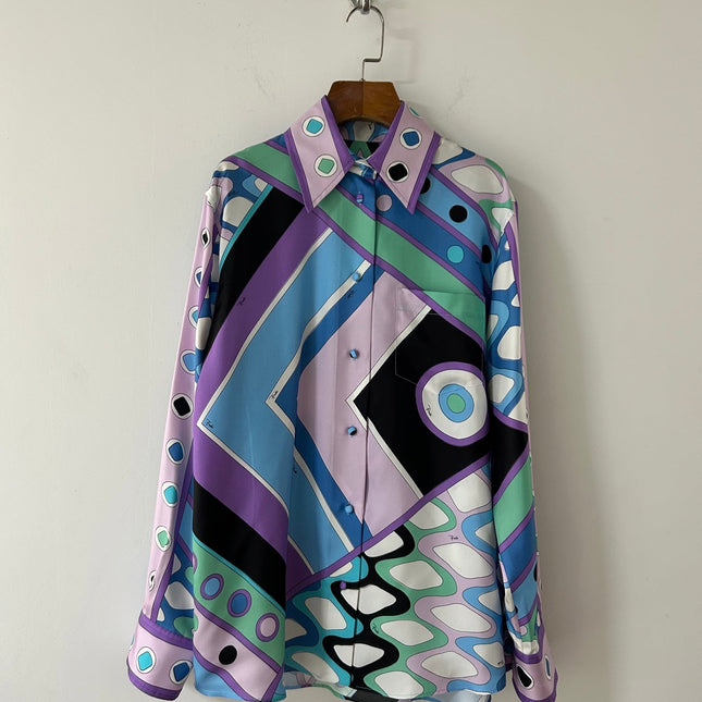 PUCCI 26S LONG SLEEVE SHIRT GEOMETRIC PRINT PURPLE BLUE SILK
