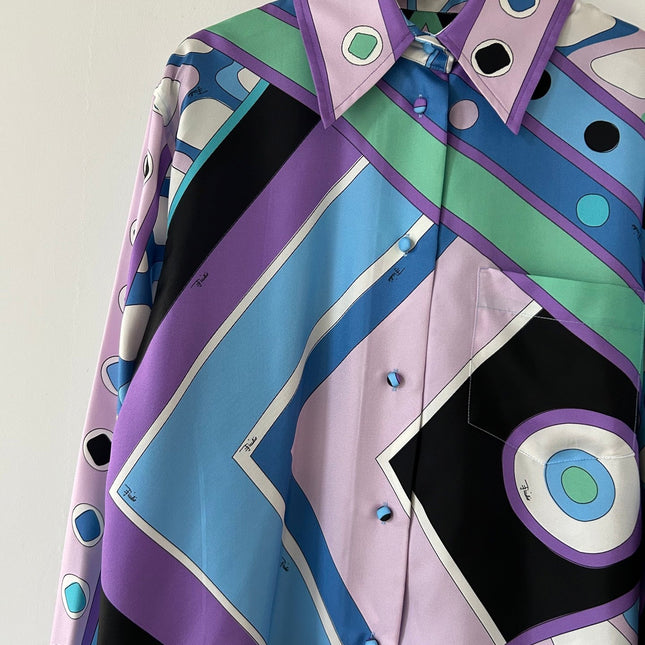 PUCCI 26S LONG SLEEVE SHIRT GEOMETRIC PRINT PURPLE BLUE SILK