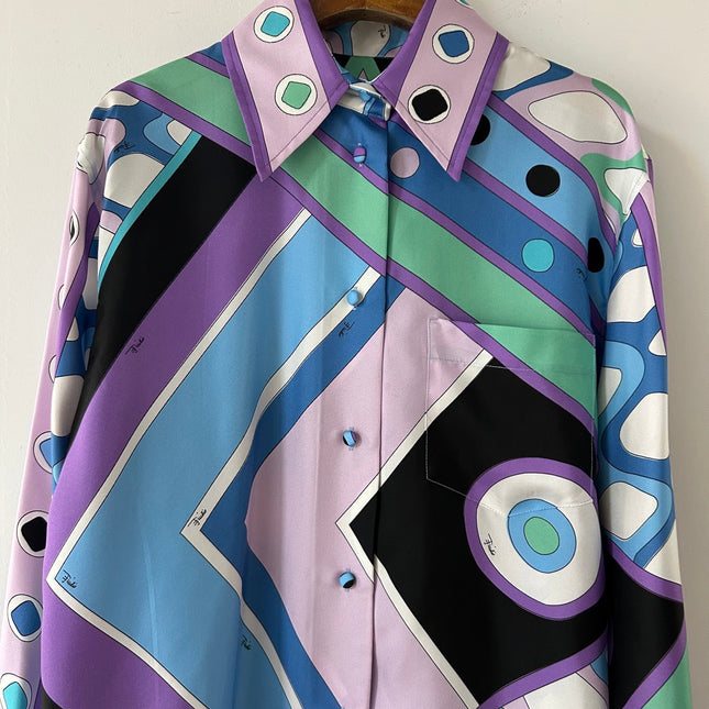 PUCCI 26S LONG SLEEVE SHIRT GEOMETRIC PRINT PURPLE BLUE SILK
