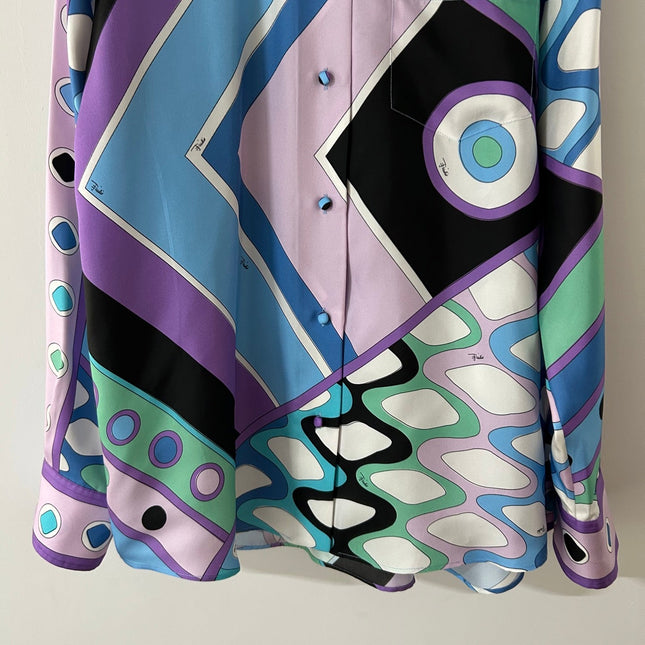 PUCCI 26S LONG SLEEVE SHIRT GEOMETRIC PRINT PURPLE BLUE SILK