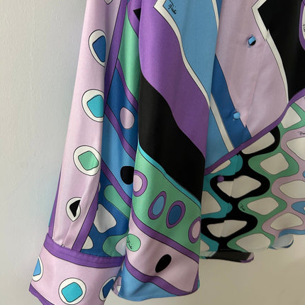 PUCCI 26S LONG SLEEVE SHIRT GEOMETRIC PRINT PURPLE BLUE SILK