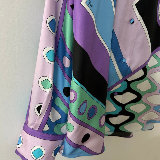 PUCCI 26S LONG SLEEVE SHIRT GEOMETRIC PRINT PURPLE BLUE SILK