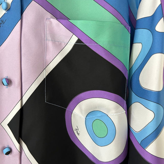 PUCCI 26S LONG SLEEVE SHIRT GEOMETRIC PRINT PURPLE BLUE SILK