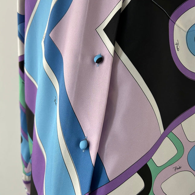 PUCCI 26S LONG SLEEVE SHIRT GEOMETRIC PRINT PURPLE BLUE SILK
