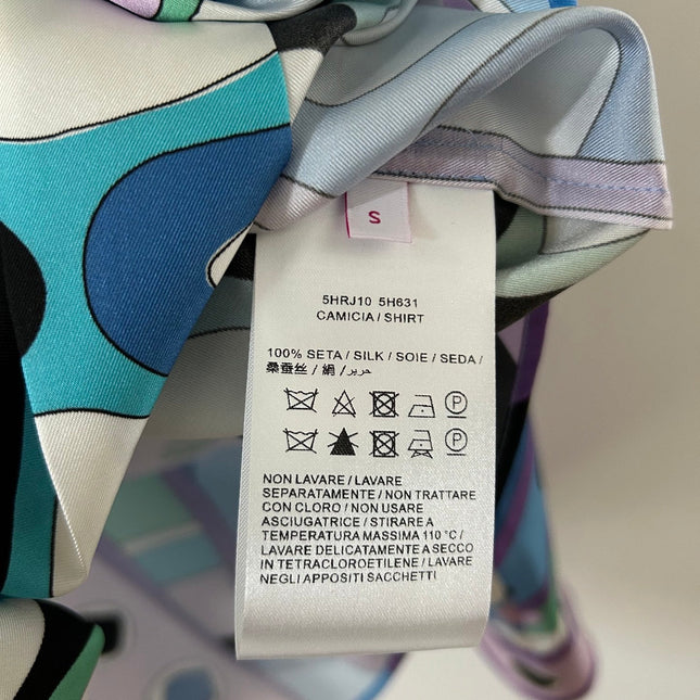 PUCCI 26S LONG SLEEVE SHIRT GEOMETRIC PRINT PURPLE BLUE SILK