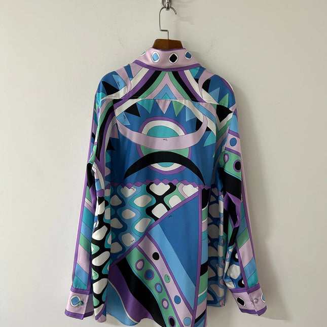 PUCCI 26S LONG SLEEVE SHIRT GEOMETRIC PRINT PURPLE BLUE SILK