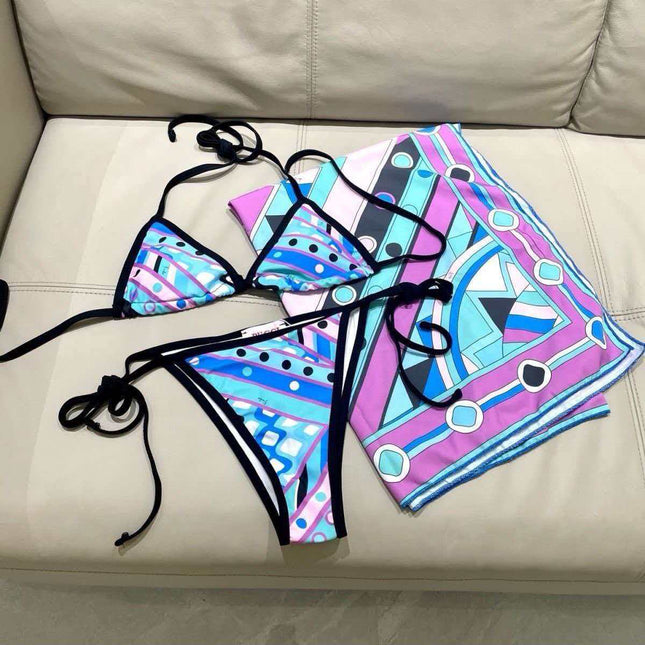PUCCI 26S BIKINI SET GEOMETRIC PRINT BLUE PURPLE NYLON