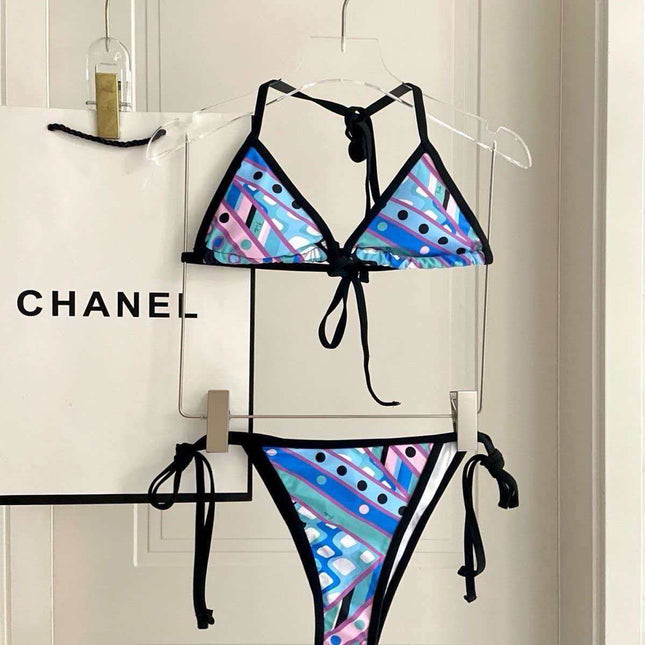 PUCCI 26S BIKINI SET GEOMETRIC PRINT BLUE PURPLE NYLON