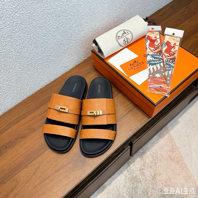 HM 26S KELLY BUCKLE DOUBLE STRAP SANDALS IN CARAMEL BROWN  GOLD CALFSKIN