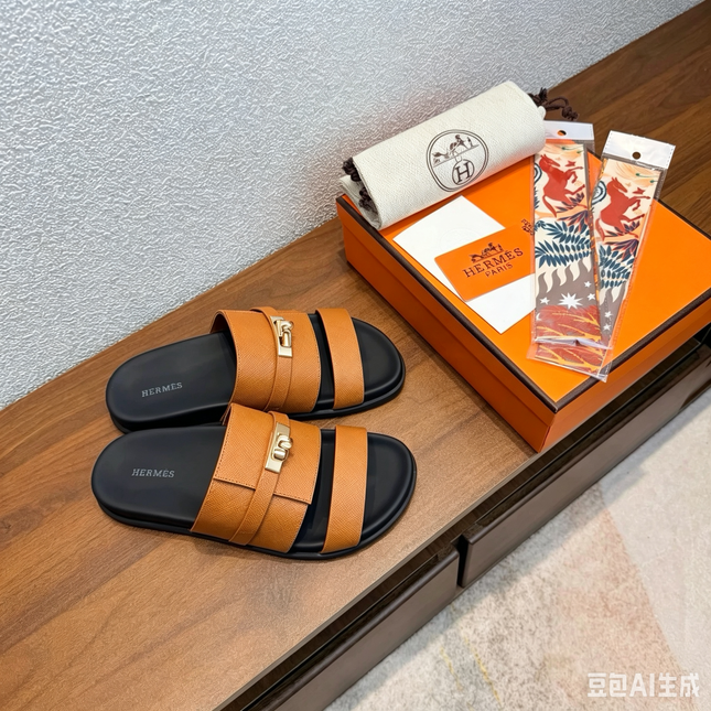 HM 26S KELLY BUCKLE DOUBLE STRAP SANDALS IN CARAMEL BROWN  GOLD CALFSKIN