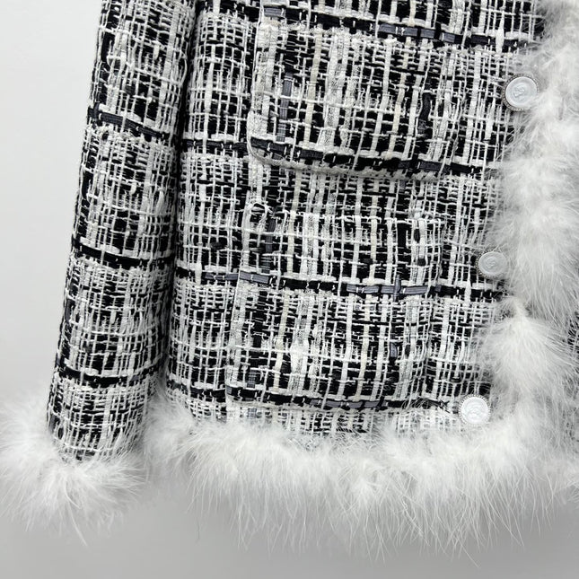 CHANEL 26S CROPPED JACKET PLAID BLACK WHITE TWEED WITH FEATHER TRIM
