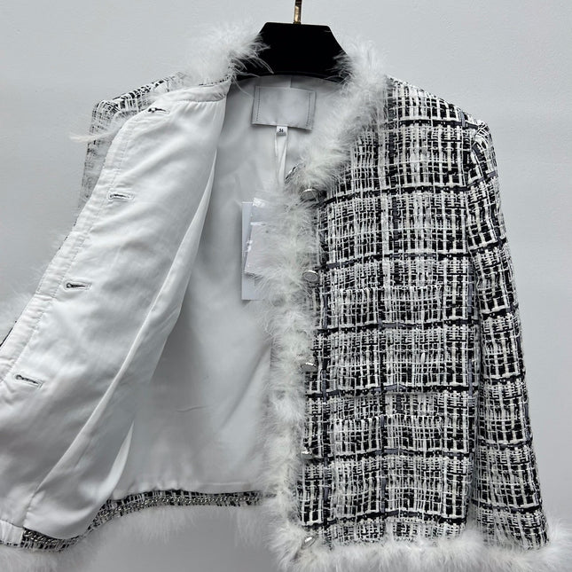 CHANEL 26S CROPPED JACKET PLAID BLACK WHITE TWEED WITH FEATHER TRIM
