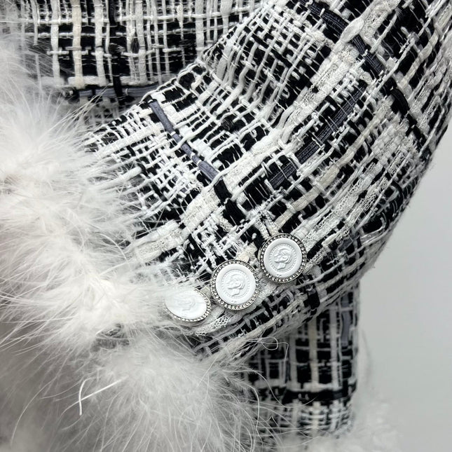 CHANEL 26S CROPPED JACKET PLAID BLACK WHITE TWEED WITH FEATHER TRIM