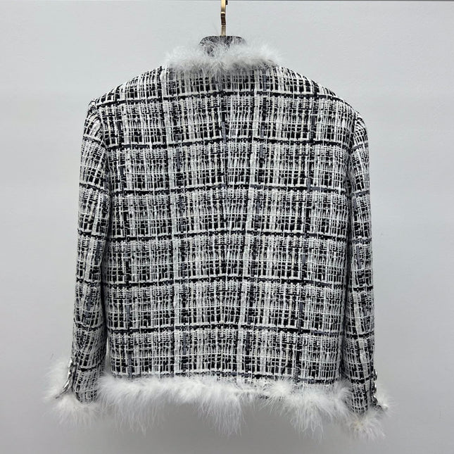 CHANEL 26S CROPPED JACKET PLAID BLACK WHITE TWEED WITH FEATHER TRIM