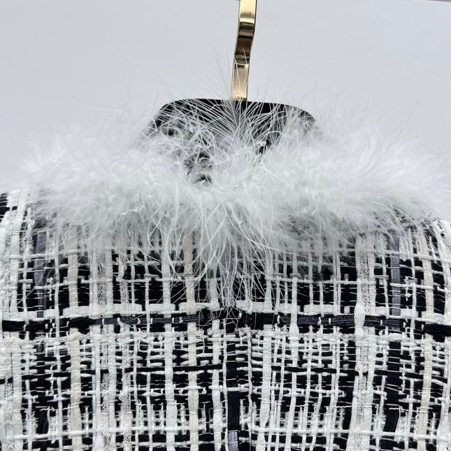 CHANEL 26S CROPPED JACKET PLAID BLACK WHITE TWEED WITH FEATHER TRIM