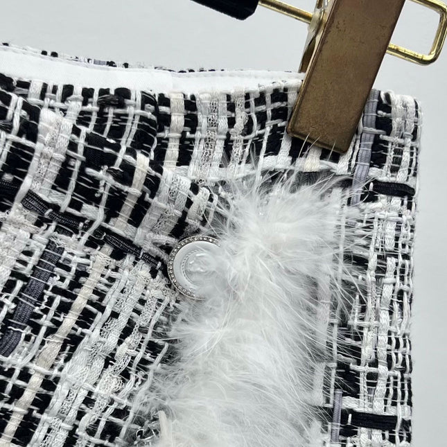CHANEL 26S SHORTS TWEED PLAID BLACK WHITE WOOL BLEND