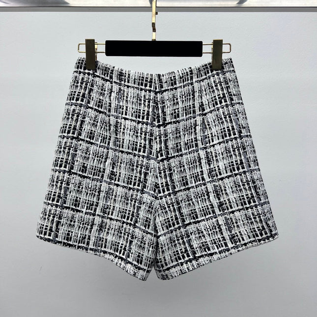 CHANEL 26S SHORTS TWEED PLAID BLACK WHITE WOOL BLEND