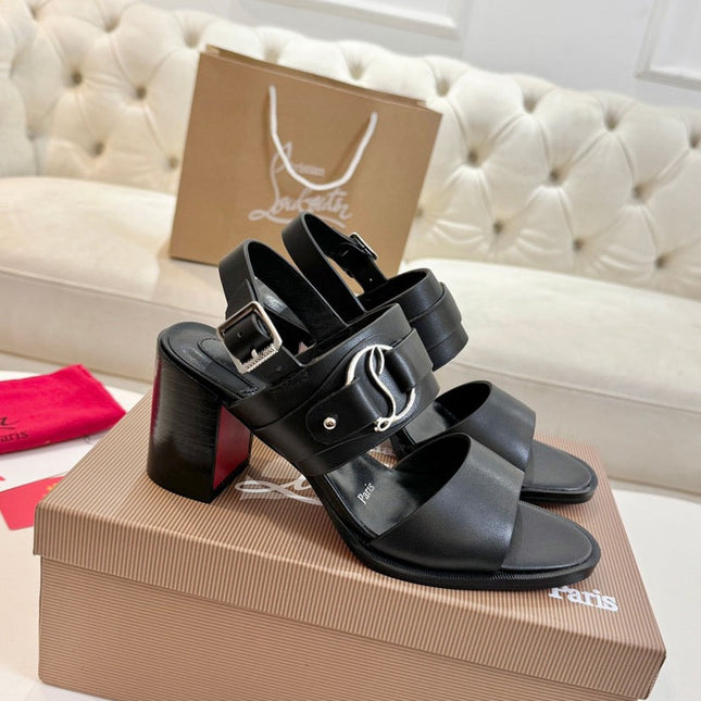 CHRISTIAN LOUBOUTIN 26S ANKLE STRAP BLOCK HEELS IN BLACK CALFSKIN