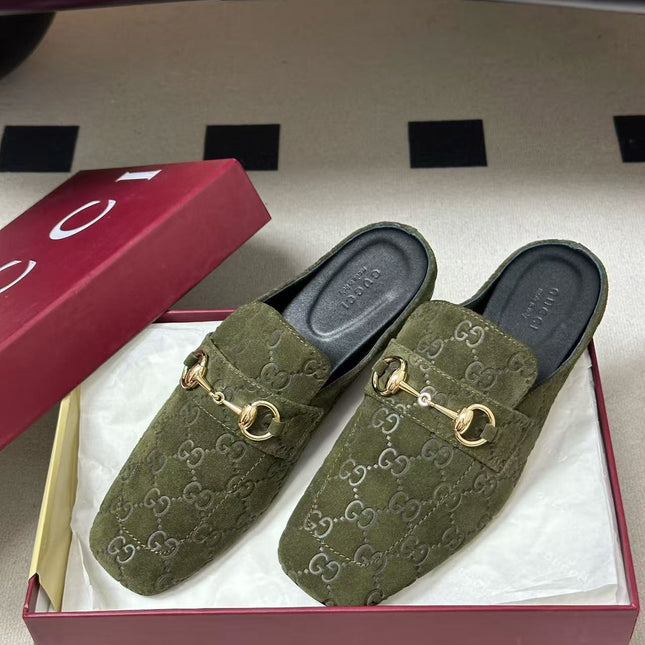 GUCCI 26S HORSEBIT MULE IN OLIVE GREEN SUEDE