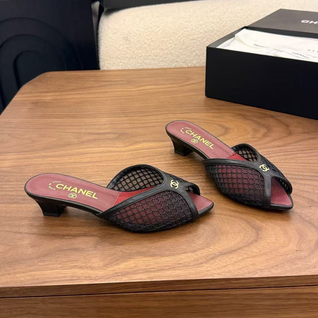 CHANEL 26S BEACH MULES 30MM IN BLACK MESH AND FARBIC 18726