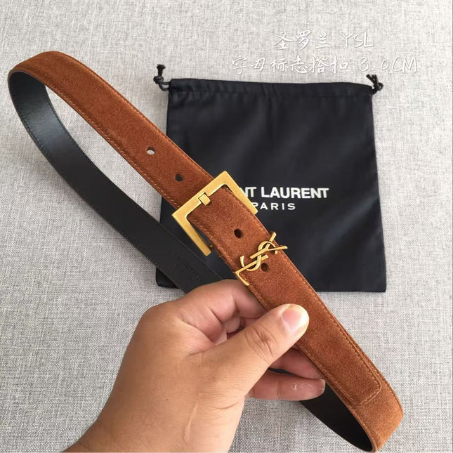 YSL CLASSIC MONOGRAM 30MM BROWN SUEDE GOLD BUCKLE