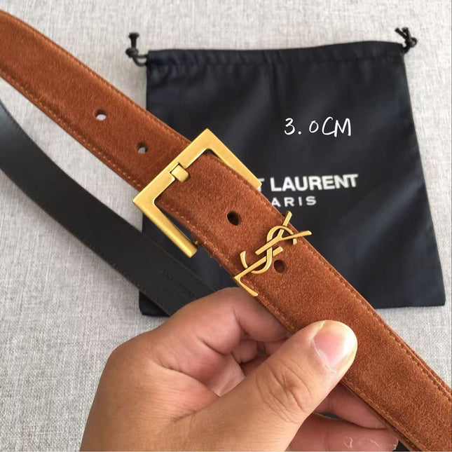 YSL CLASSIC MONOGRAM 30MM BROWN SUEDE GOLD BUCKLE