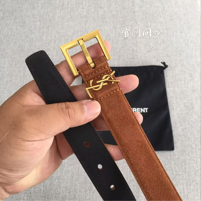 YSL CLASSIC MONOGRAM 30MM BROWN SUEDE GOLD BUCKLE