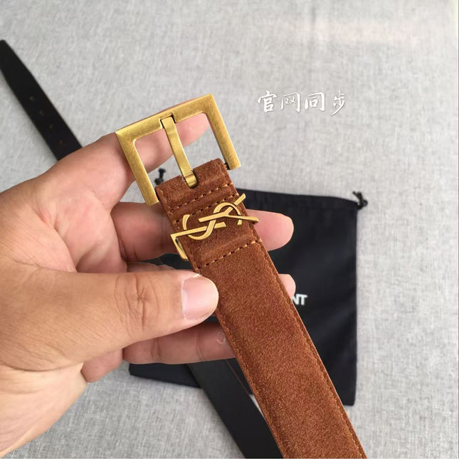 YSL CLASSIC MONOGRAM 30MM BROWN SUEDE GOLD BUCKLE