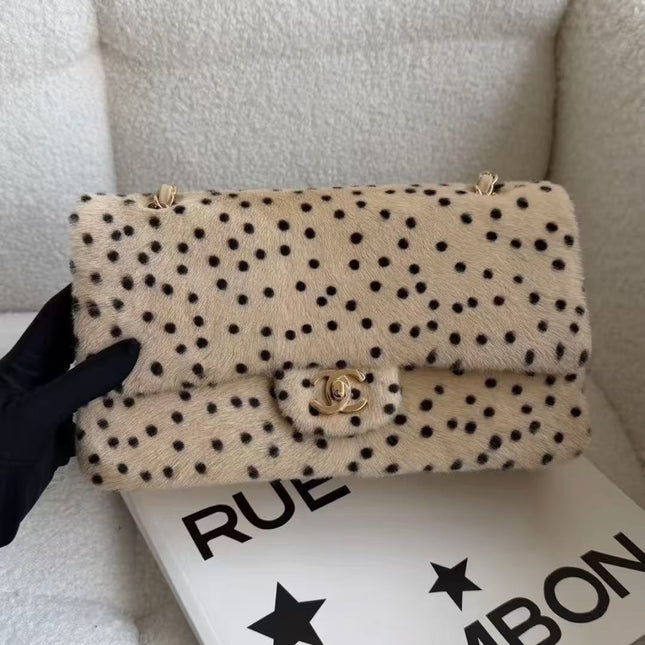 CHANEL 26S CLASSIC SINGLE FLAP BAG IN BEIGE PONY HAIR BLACK POLKA DOT GOLD HARDWARE