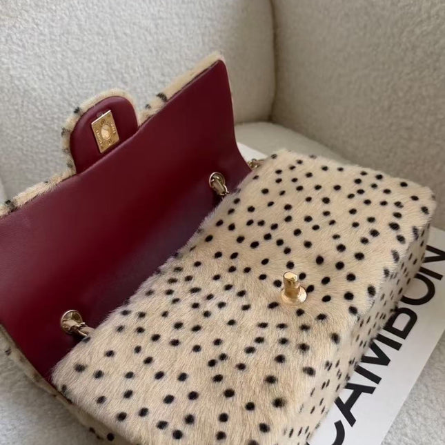 CHANEL 26S CLASSIC SINGLE FLAP BAG IN BEIGE PONY HAIR BLACK POLKA DOT GOLD HARDWARE