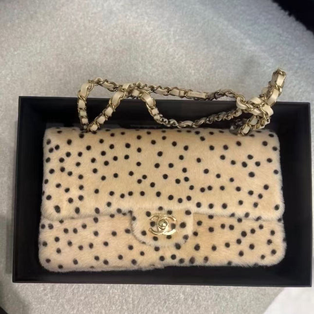 CHANEL 26S CLASSIC SINGLE FLAP BAG IN BEIGE PONY HAIR BLACK POLKA DOT GOLD HARDWARE