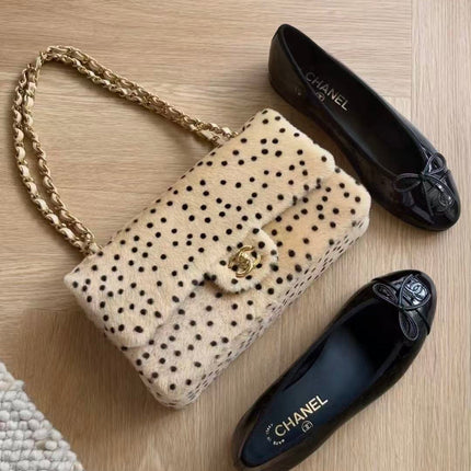 CHANEL 26S CLASSIC SINGLE FLAP BAG IN BEIGE PONY HAIR BLACK POLKA DOT GOLD HARDWARE