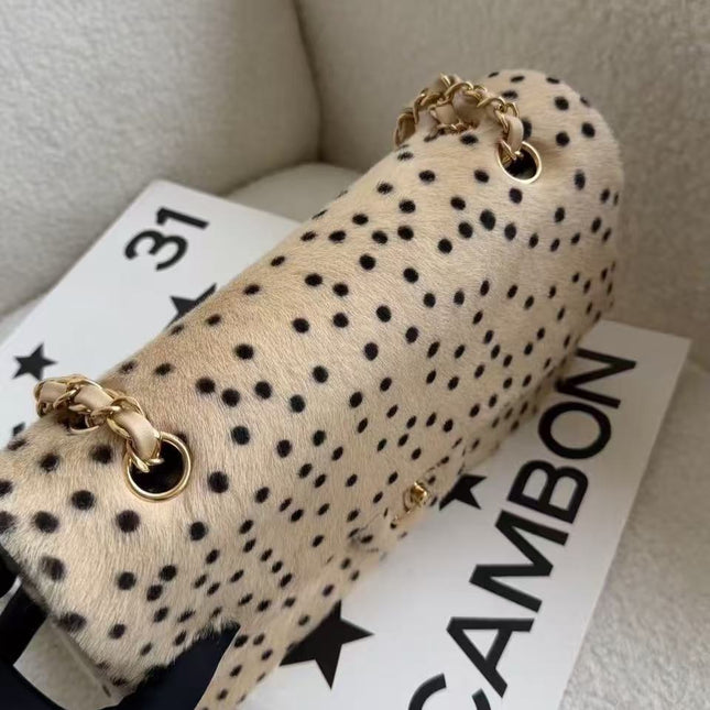 CHANEL 26S CLASSIC SINGLE FLAP BAG IN BEIGE PONY HAIR BLACK POLKA DOT GOLD HARDWARE