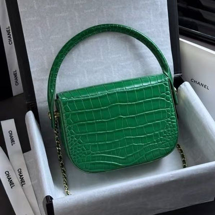 CHANEL 26S MINI FLAP TOP HANDLE BAG IN GREEN CROCODILE LEATHER