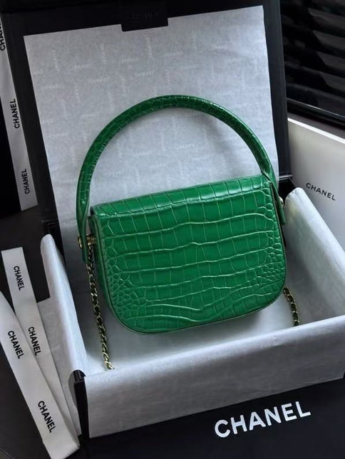 CHANEL 26S MINI FLAP TOP HANDLE BAG IN GREEN CROCODILE LEATHER