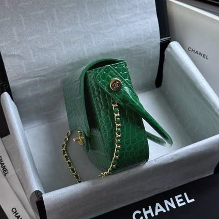 CHANEL 26S MINI FLAP TOP HANDLE BAG IN GREEN CROCODILE LEATHER