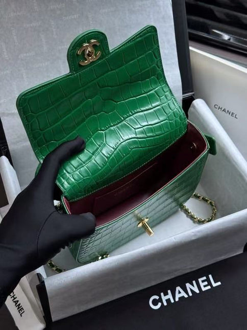 CHANEL 26S MINI FLAP TOP HANDLE BAG IN GREEN CROCODILE LEATHER