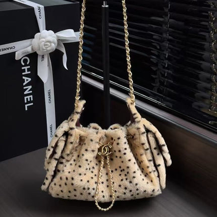 CHANEL 26S DRAWSTRING SHOULDER BAG IN LEOPARD PRINT FAUX FUR