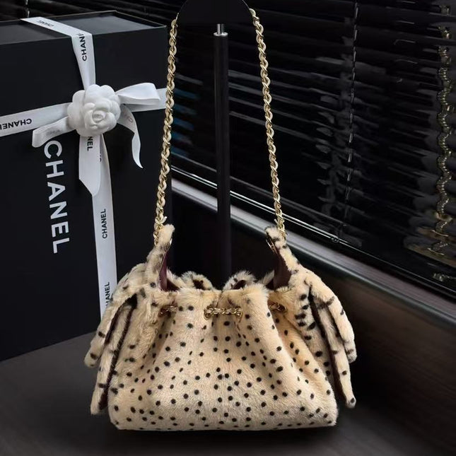 CHANEL 26S DRAWSTRING SHOULDER BAG IN LEOPARD PRINT FAUX FUR