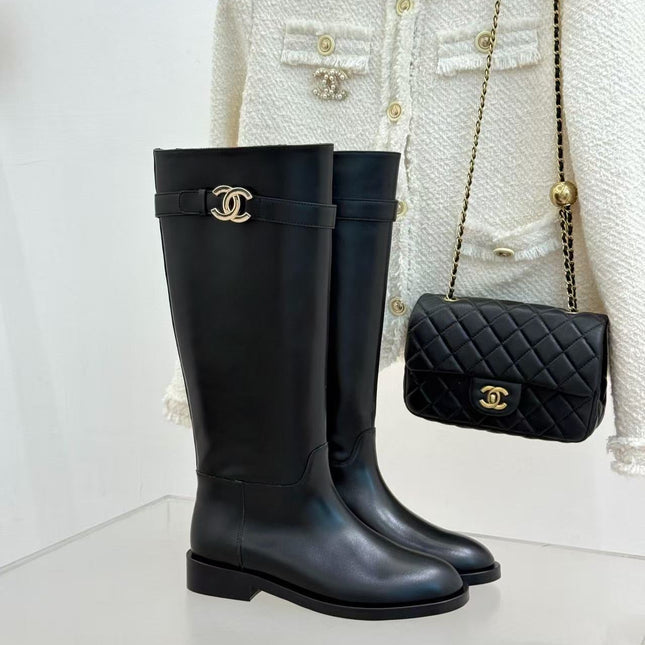 CHANEL 26S KNEE HIGH BOOTS IN BLACK CALFSKIN