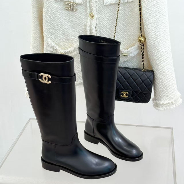 CHANEL 26S KNEE HIGH BOOTS IN BLACK CALFSKIN