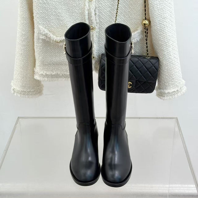 CHANEL 26S KNEE HIGH BOOTS IN BLACK CALFSKIN