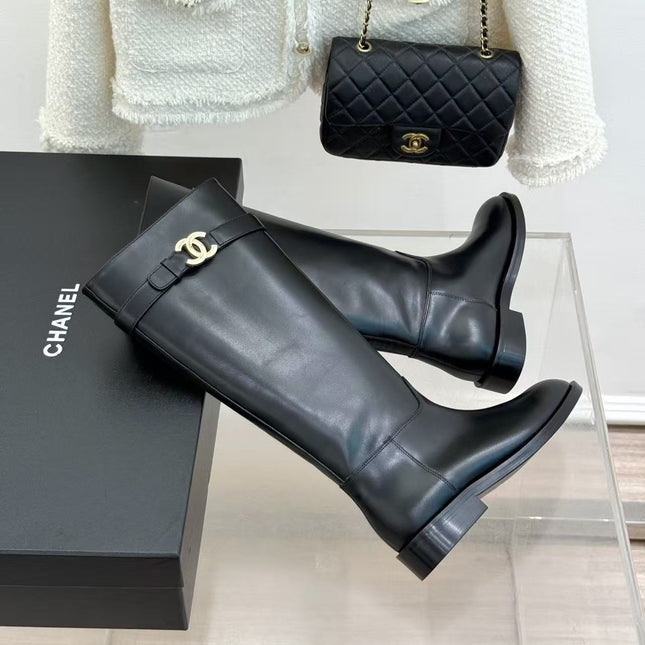 CHANEL 26S KNEE HIGH BOOTS IN BLACK CALFSKIN