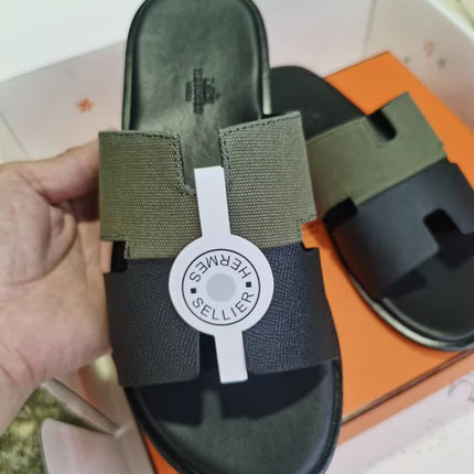 HERMES 26S 0RAN SANDALS IN KHAKI & BLACK CANVAS