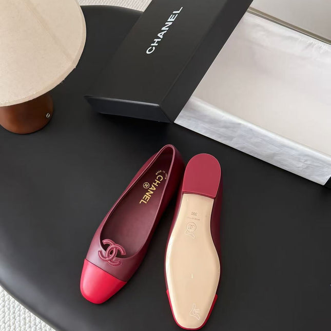 CHANEL 26S BALLET FLATS IN BURGUNDY & RED LAMBSKIN 26726