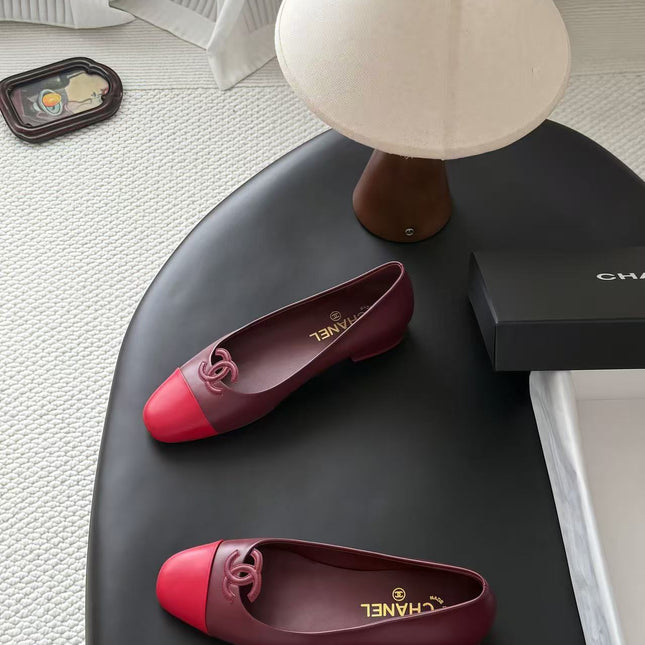 CHANEL 26S BALLET FLATS IN BURGUNDY & RED LAMBSKIN 26726
