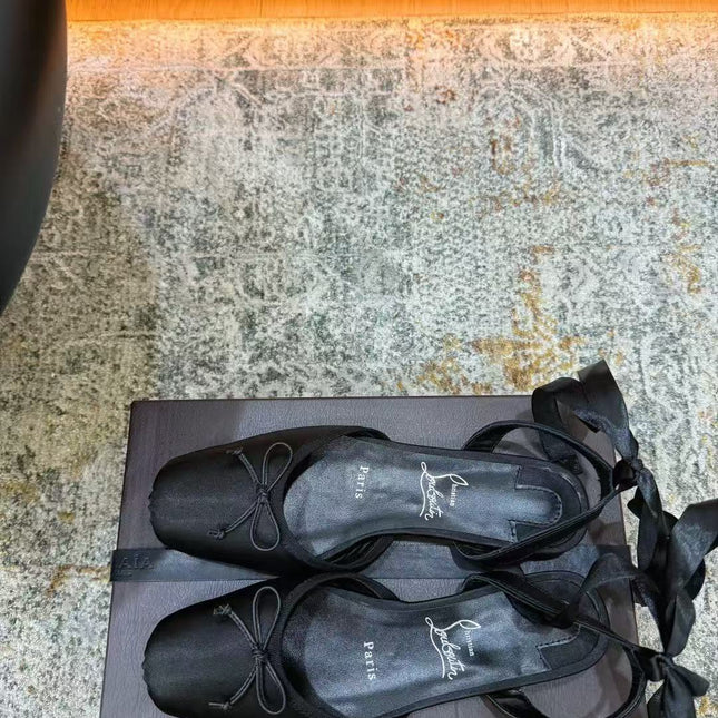CHRISTIAN LOUBOUTIN 26S ANKLE STRAP BALLET FLATS IN BLACK SATIN